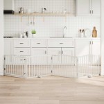 vidaXL Poartă câini pliabilă cu ușă, 4 panouri, alb, 320 cm, lemn plop