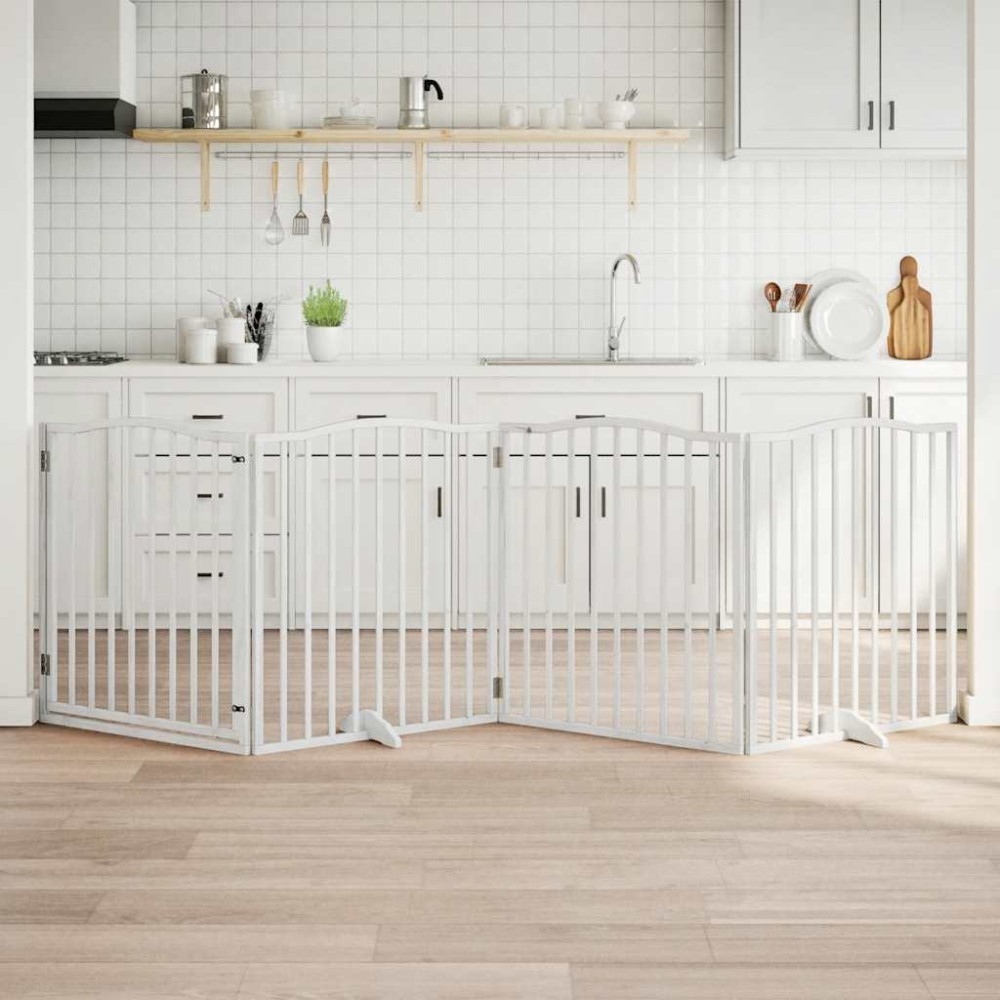 vidaXL Poartă câini pliabilă cu ușă, 4 panouri, alb, 320 cm, lemn plop