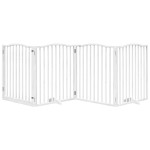 vidaXL Poartă câini pliabilă cu ușă, 4 panouri, alb, 320 cm, lemn plop