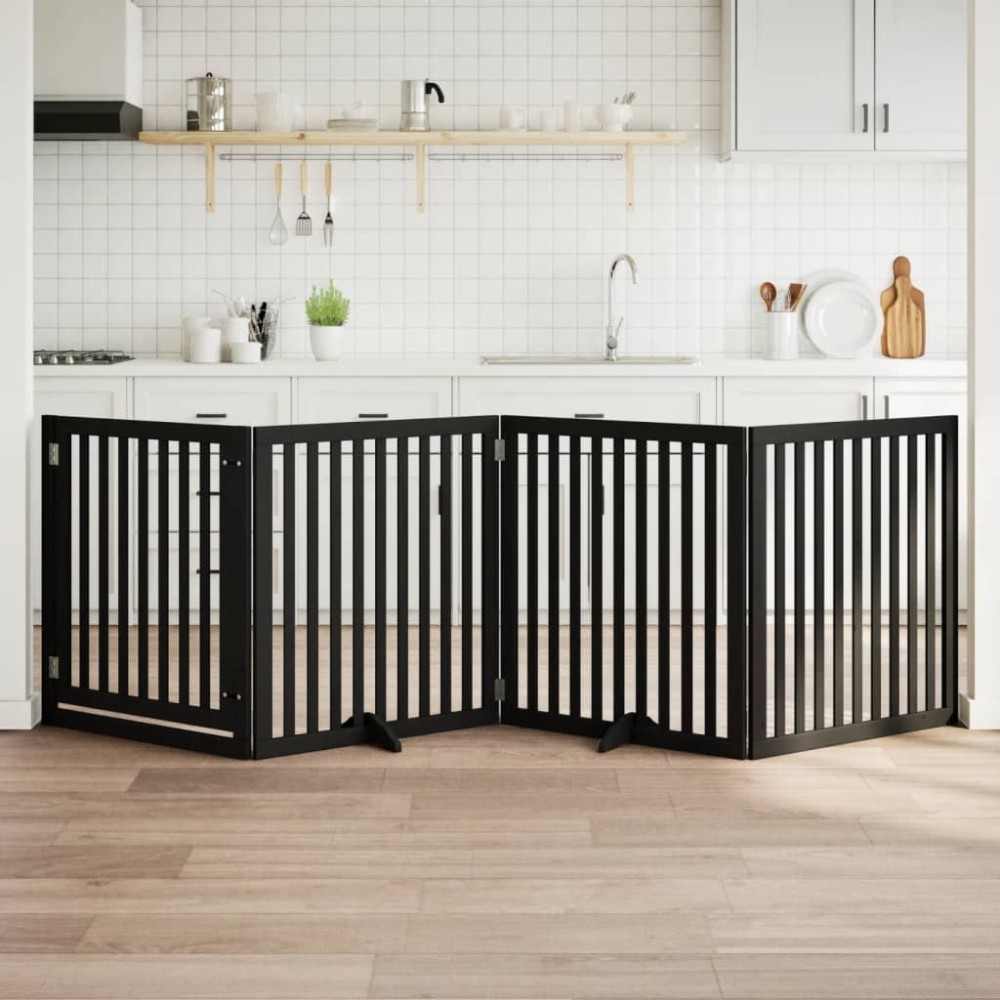 vidaXL Poartă câini pliabilă cu ușă 4 panouri negru, 320 cm, lemn plop