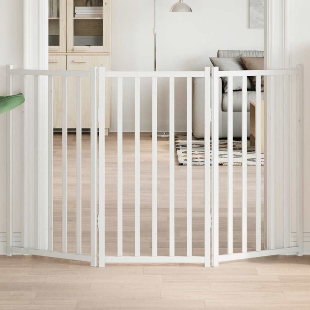 vidaXL Poartă pentru câini pliabilă 3 panouri, alb, 150 cm, lemn brad