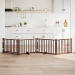 vidaXL Poartă câini pliabilă cu ușă 4 panouri maro 320 cm, lemn brad