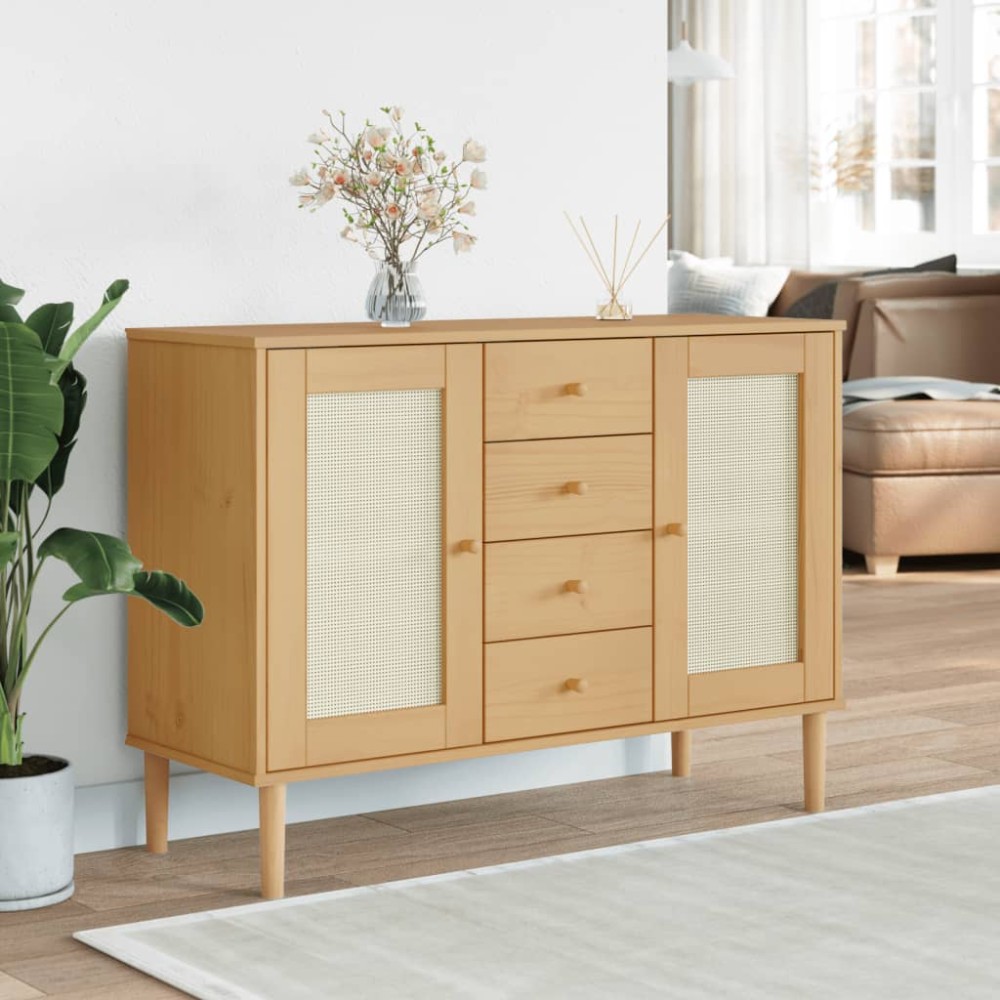 vidaXL Servantă SENJA, aspect ratan maro, 112x40x80 cm, lemn masiv pin
