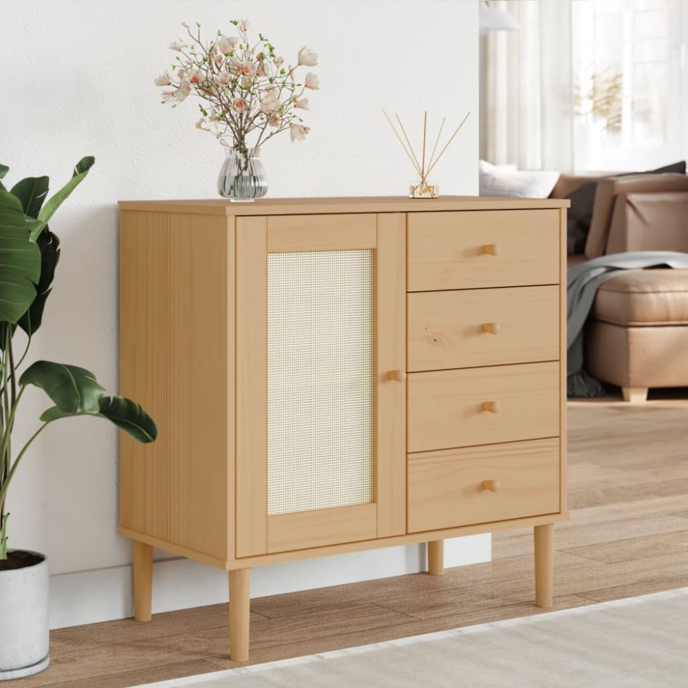 vidaXL Servantă SENJA, aspect ratan maro, 80x40x80 cm, lemn masiv pin