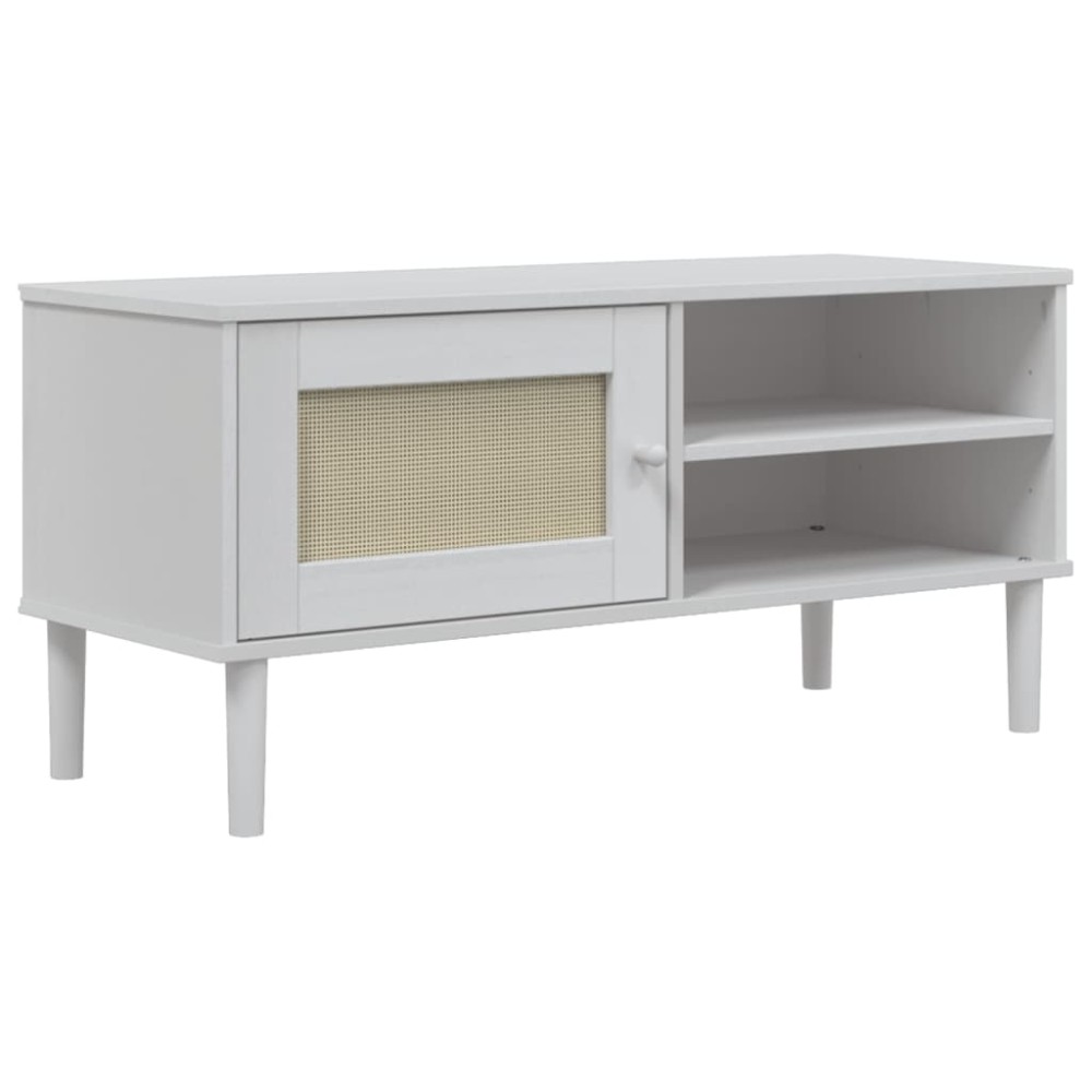 vidaXL Comodă TV SENJA aspect ratan alb, 106x40x49 cm, lemn masiv pin
