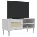 vidaXL Comodă TV SENJA aspect ratan alb, 106x40x49 cm, lemn masiv pin