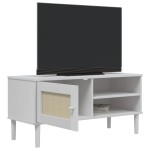 vidaXL Comodă TV SENJA aspect ratan alb, 106x40x49 cm, lemn masiv pin