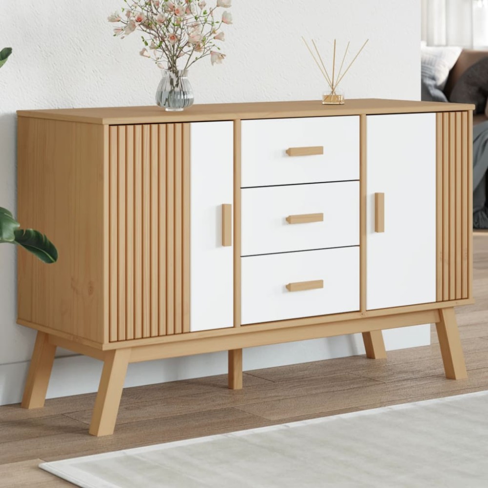 vidaXL Servantă "OLDEN", alb și maro, 114x43x73,5 cm, lemn masiv pin