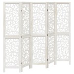 vidaXL Paravan cameră 5 panouri, alb, lemn masiv paulownia