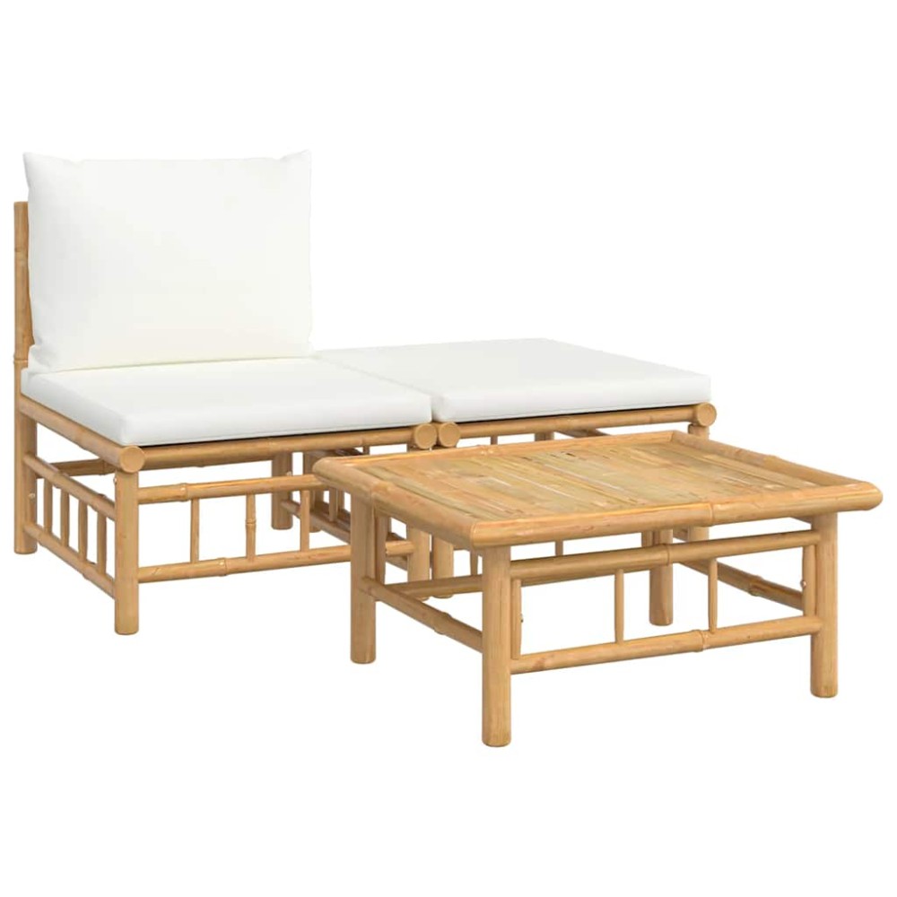 vidaXL Set mobilier de grădină, cu perne alb crem, 3 piese, bambus
