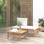 vidaXL Set mobilier de grădină, cu perne alb crem, 3 piese, bambus vidaXL Set mobilier de grădină, cu perne alb crem, 3 piese, bambus