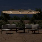 vidaXL Umbrelă soare cu două capete cu LED-uri, gri taupe, 449x265 cm