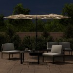 vidaXL Umbrelă de grădină cu două capete cu LED-uri, taupe, 316x145 cm