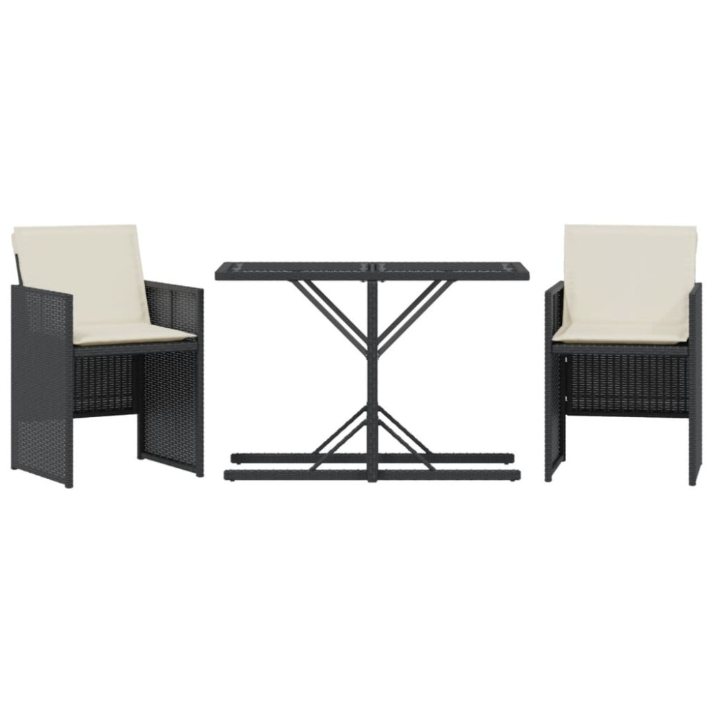 vidaXL Set bistro cu perne, 3 piese, negru, poliratan