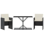 vidaXL Set bistro cu perne, 3 piese, negru, poliratan