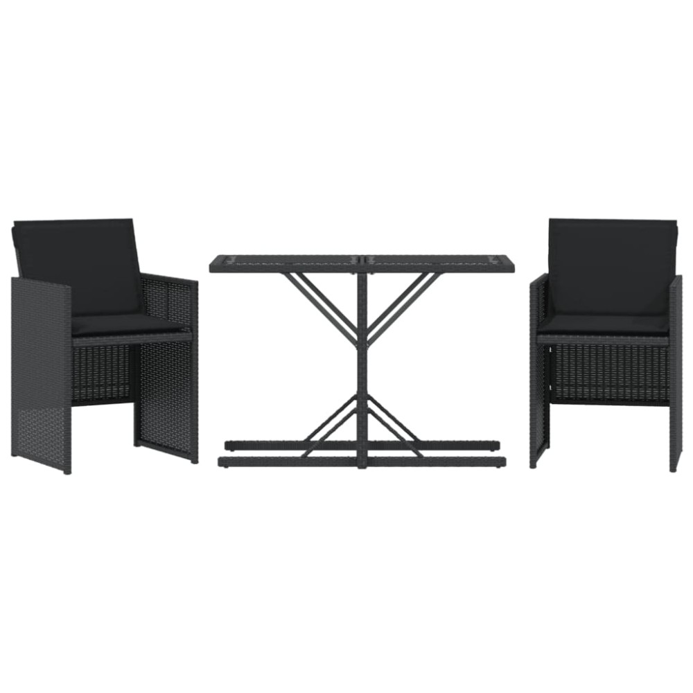 vidaXL Set bistro cu perne, 3 piese, negru, poliratan
