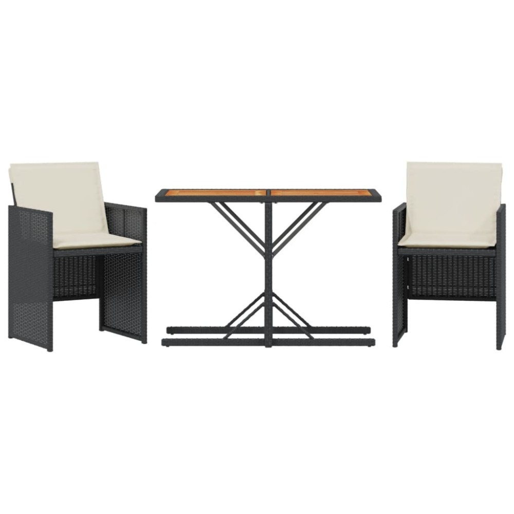 vidaXL Set bistro cu perne, 3 piese, negru, poliratan
