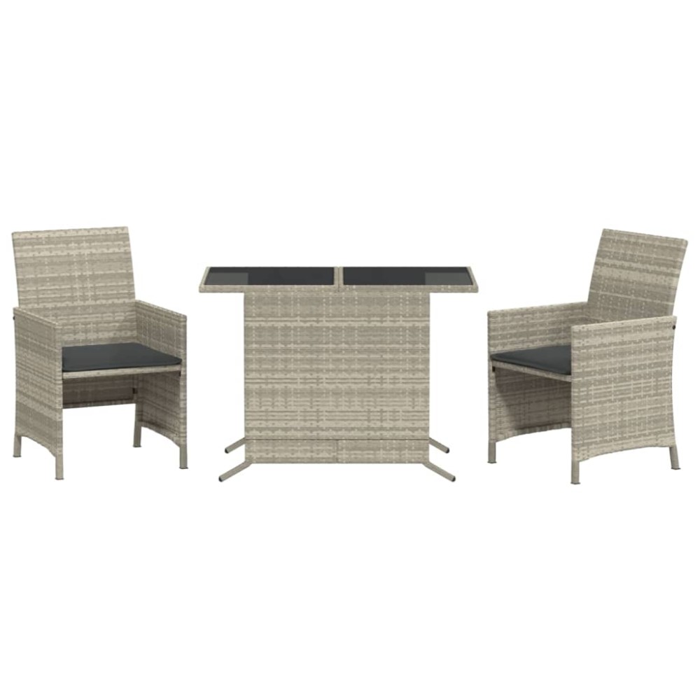 vidaXL Set bistro cu perne, 3 piese, gri deschis, poliratan