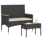 vidaXL Bancă de grădină cu 2 locuri/perne/masă, negru, poliratan vidaXL Bancă de grădină cu 2 locuri/perne/masă, negru, poliratan