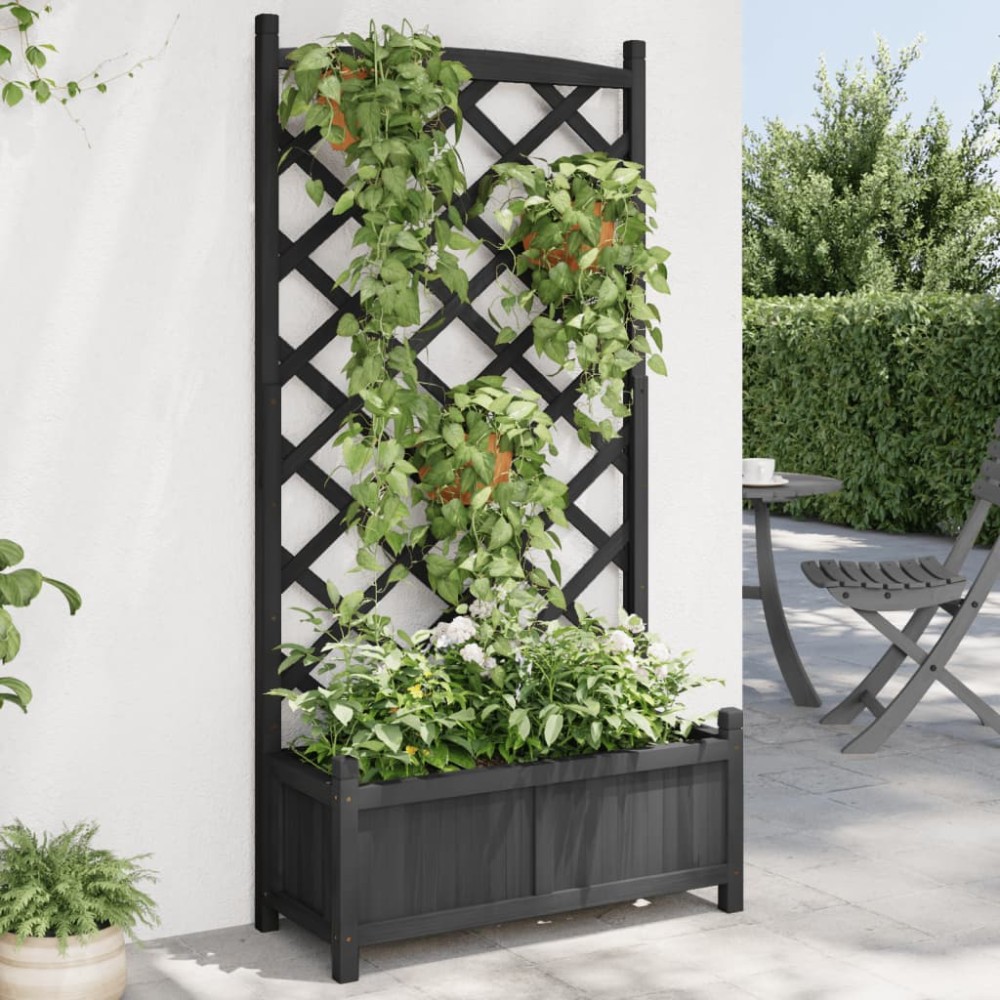 vidaXL Jardinieră cu spalier, negru, lemn masiv de brad