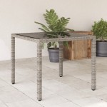 vidaXL Masă de grădină cu blat din sticlă, gri, 90x90x75 cm, poliratan vidaXL Masă de grădină cu blat din sticlă, gri, 90x90x75 cm, poliratan