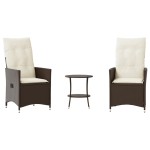 vidaXL Set bistro cu perne, 3 piese, maro, poliratan