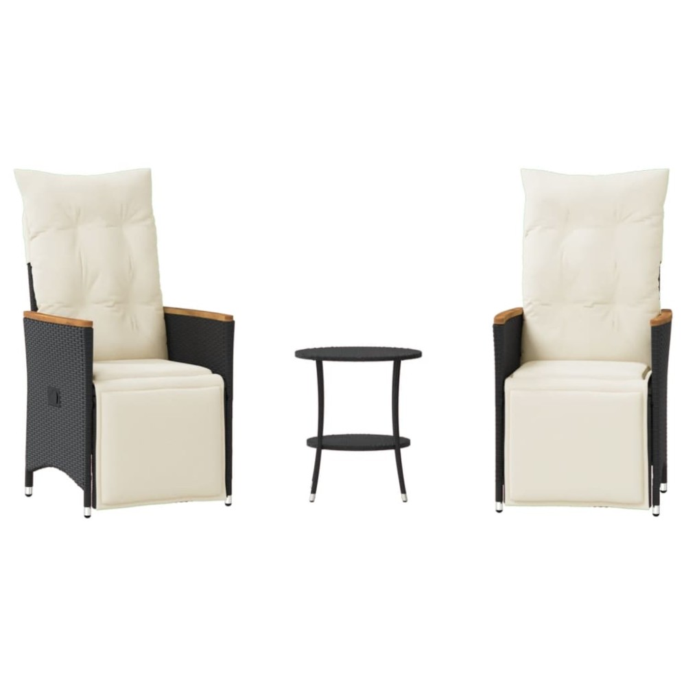 vidaXL Set bistro cu perne, 3 piese, negru, poliratan
