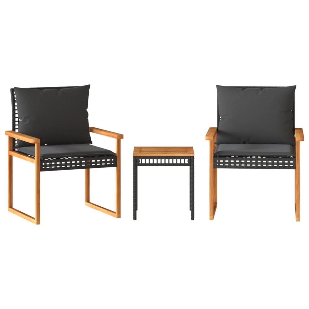 vidaXL Set bistro cu perne, 3 piese, negru, poliratan și lemn acacia