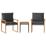 vidaXL Set bistro cu perne, 3 piese, negru, poliratan și lemn acacia