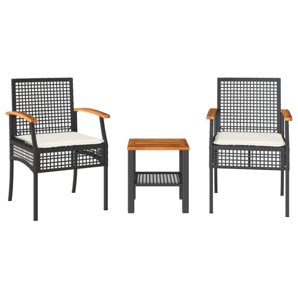 vidaXL Set bistro cu perne, 3 piese, negru, poliratan și lemn acacia