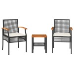 vidaXL Set bistro cu perne, 3 piese, negru, poliratan și lemn acacia