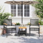 vidaXL Set bistro cu perne, 3 piese, negru, poliratan și lemn acacia