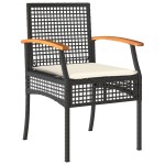 vidaXL Set bistro cu perne, 3 piese, negru, poliratan și lemn acacia