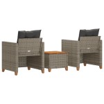 vidaXL Set bistro cu perne, 3 piese, gri, poliratan și lemn acacia