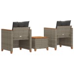 vidaXL Set bistro cu perne, 3 piese, gri, poliratan și lemn acacia