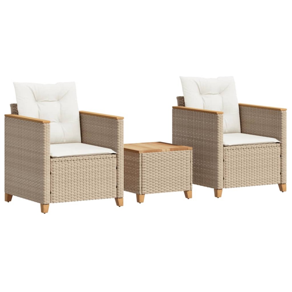 vidaXL Set bistro cu perne, 3 piese, bej, poliratan și lemn acacia