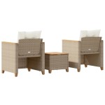 vidaXL Set bistro cu perne, 3 piese, bej, poliratan și lemn acacia
