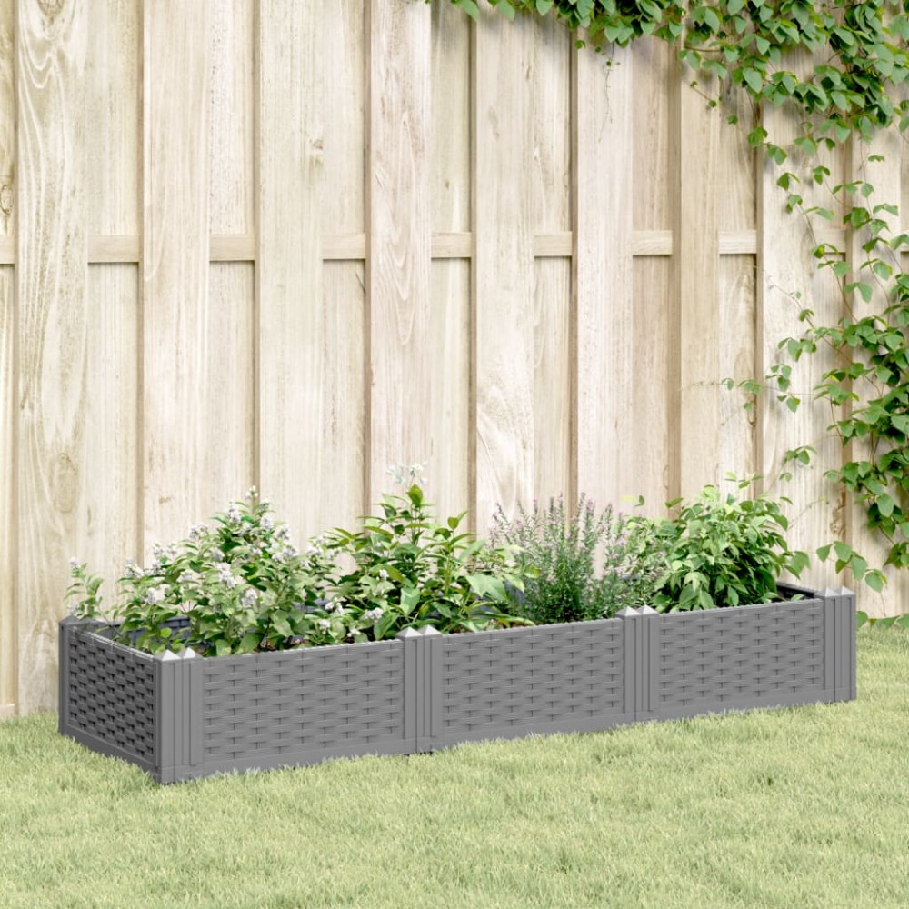 vidaXL Jardinieră grădină cu țăruși, gri deschis, 125x40x28,5 cm PP