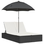 vidaXL Șezlong dublu cu perne/umbrelă de soare, negru, poliratan vidaXL Șezlong dublu cu perne/umbrelă de soare, negru, poliratan