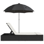 vidaXL Șezlong dublu cu perne/umbrelă de soare, negru, poliratan vidaXL Șezlong dublu cu perne/umbrelă de soare, negru, poliratan