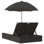 vidaXL Șezlong dublu cu perne/umbrelă de soare, negru, poliratan vidaXL Șezlong dublu cu perne/umbrelă de soare, negru, poliratan