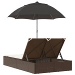 vidaXL Șezlong dublu cu perne/umbrelă de soare, maro, poliratan vidaXL Șezlong dublu cu perne/umbrelă de soare, maro, poliratan