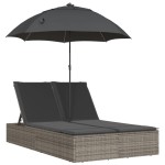 vidaXL Șezlong dublu cu perne/umbrelă de soare, gri, poliratan vidaXL Șezlong dublu cu perne/umbrelă de soare, gri, poliratan