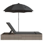 vidaXL Șezlong dublu cu perne/umbrelă de soare, gri, poliratan vidaXL Șezlong dublu cu perne/umbrelă de soare, gri, poliratan