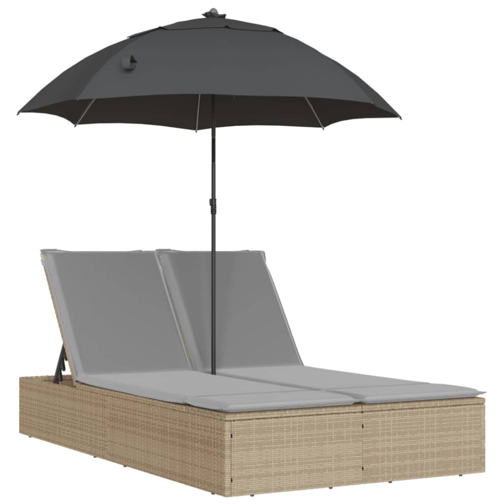 vidaXL Șezlong dublu cu perne/umbrelă de soare, bej, poliratan