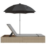 vidaXL Șezlong dublu cu perne/umbrelă de soare, bej, poliratan vidaXL Șezlong dublu cu perne/umbrelă de soare, bej, poliratan
