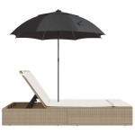 vidaXL Șezlong dublu cu perne/umbrelă de soare, bej, poliratan vidaXL Șezlong dublu cu perne/umbrelă de soare, bej, poliratan