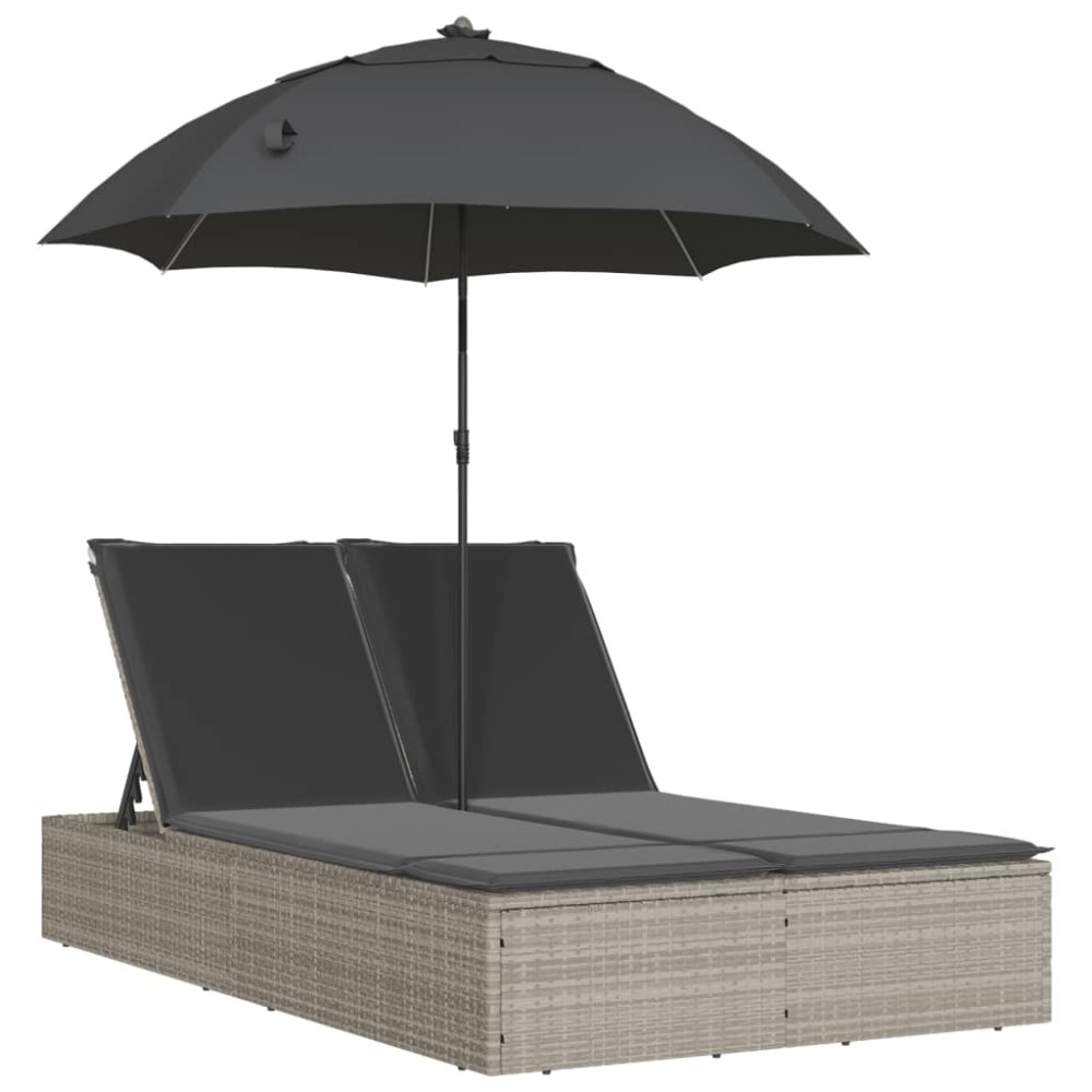 vidaXL Șezlong dublu cu perne/umbrelă de soare, gri deschis, poliratan