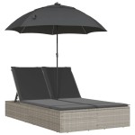 vidaXL Șezlong dublu cu perne/umbrelă de soare, gri deschis, poliratan vidaXL Șezlong dublu cu perne/umbrelă de soare, gri deschis, poliratan