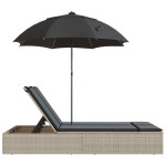 vidaXL Șezlong dublu cu perne/umbrelă de soare, gri deschis, poliratan vidaXL Șezlong dublu cu perne/umbrelă de soare, gri deschis, poliratan